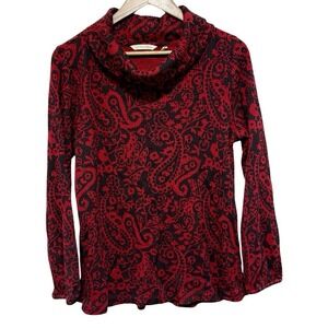 Soft Surroundings Top Women M Red Black Paisley Aelis Thermal Pullover Cowl Neck